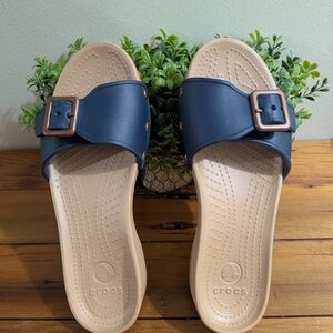 CROCS Navy and Tan Sandals